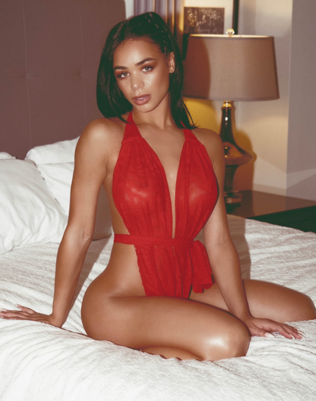 Red Lola Plunge Mesh Teddy