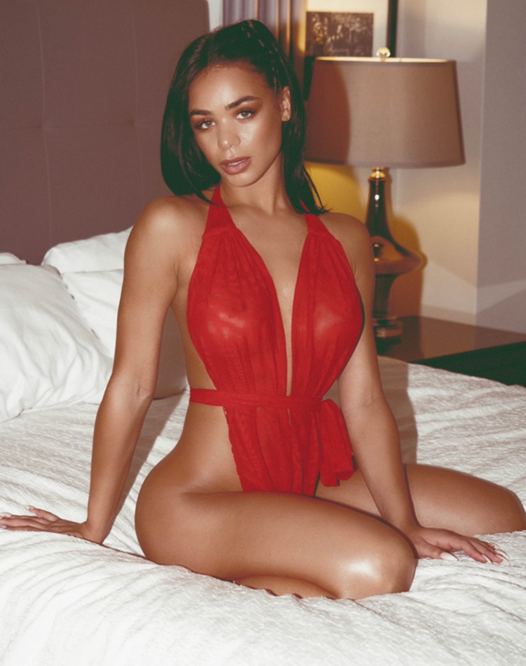 Red Lola Plunge Mesh Teddy